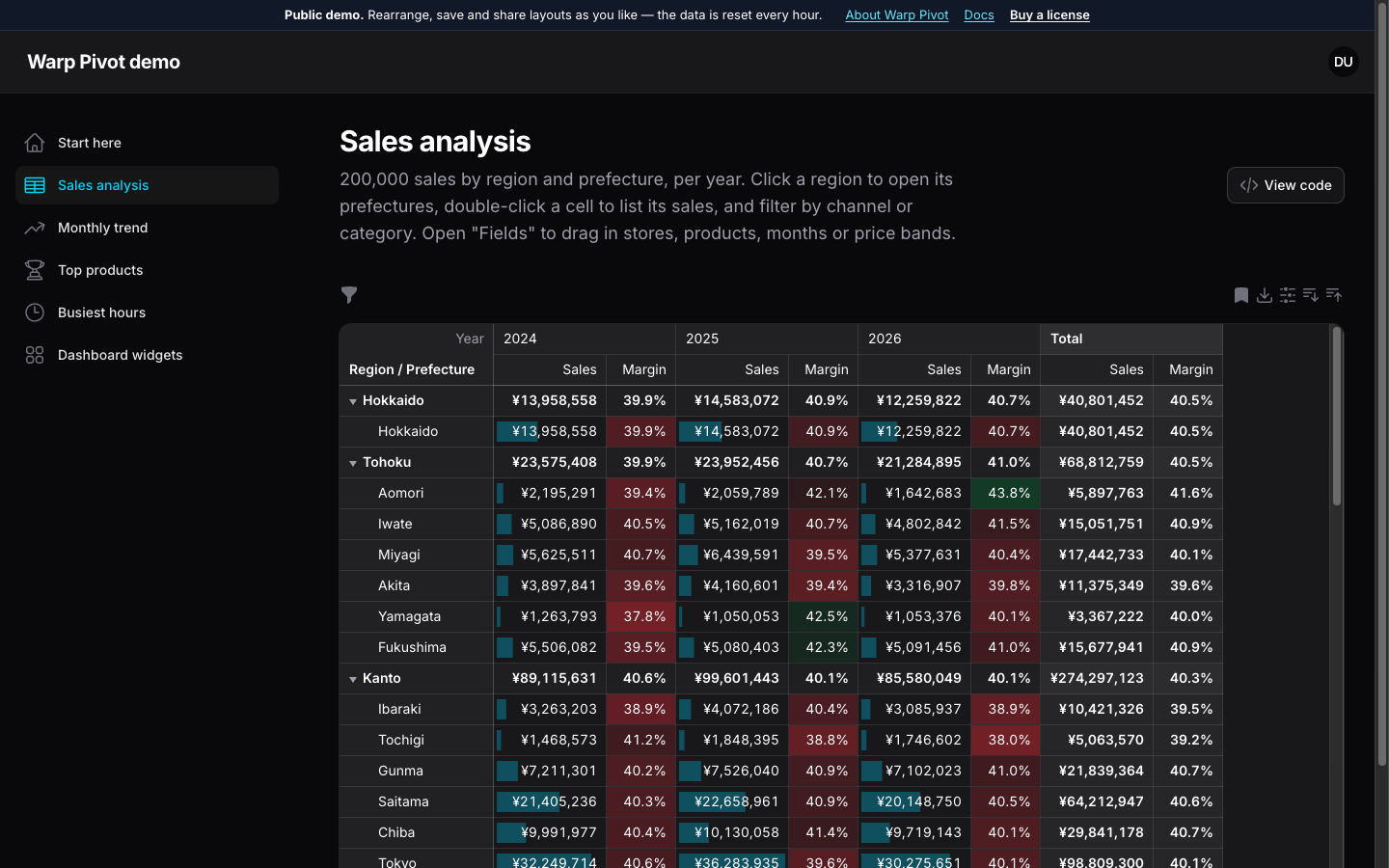 Sales by region and year with data bars, a margin heatmap and subtotals